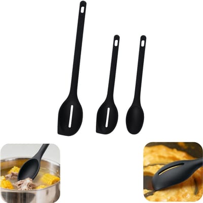 3 stuks lepels - schuimlepel - honinglepel - pastalepel - roerlepel - siliconen lepel - wasbaar - met ophanggat - kookaccessoires - keukengerei - geschikt voor roeren, wokken, opscheppen (zwart, meerdere maten)