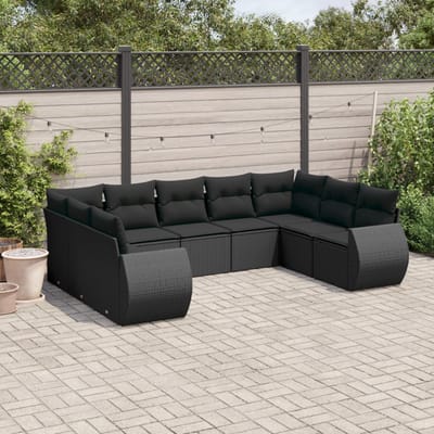 vidaXL - 9-delige - Loungeset - met - kussens - poly - rattan - zwart