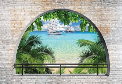 Fotobehang Beach Tropical Island Arch View | XL - 208cm x 146cm | 130g/m2 Vlies