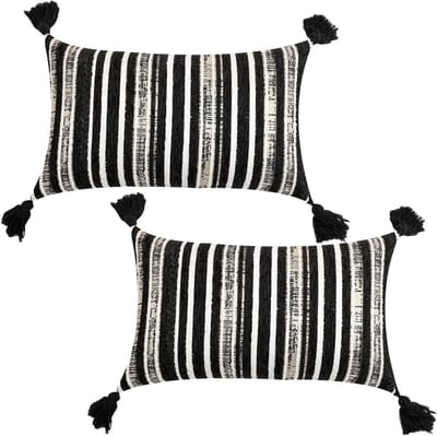 Zwarte Kussenhoezen 12x20 Inch met Strepen en Kwastjes voor Aesthetic Decoratie en Interieurstyling