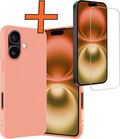 Hoes - Met Screenprotector - Geschikt voor Apple iPhone 16 - Sterk & Shockproof - Back Cover - Siliconen Case - Telefoon Hoes - Perzik