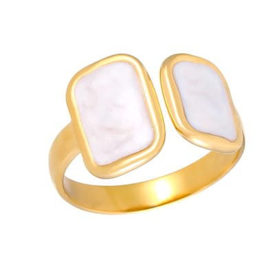 Aramat Jewels | Ringen | Open Ring RVS 2 Rechthoeken Emaille - 13mm - Parel Wit | Wit | |13mm | Staal | Volwassenen | Verkleurd niet