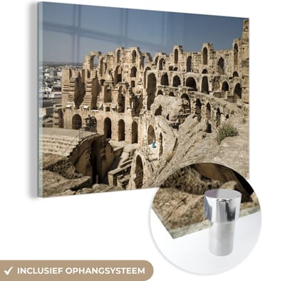 ® Glasschilderij 180x120 cm - Schilderij acrylglas - Beeld van het historische Colosseum in El Djem - Foto op glas - Muurdecoratie woonkamer - Wanddecoratie slaapkamer - Schilderijen
