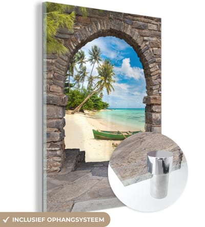 MuchoWow® Glasschilderij 30x40 cm - Schilderij acrylglas - Strand - Palm - Doorkijk - Zee - Kano - Foto op glas - Schilderijen