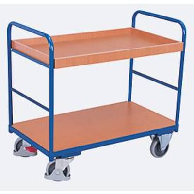 Etagewagen, staal/MDF-plaat, decor gentiaanblauw/beuken, 2 etages, 850 x 500 mm, EasySTOP, tot 250 kg