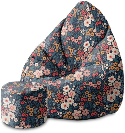 DreamRoots Velvet Zitzak voor Volwassenen – Luxe Beanbag met Voetsteun en Afneembare Hoes – Inclusief Vulling – 80x80x120 cm - Colorful Flowers
