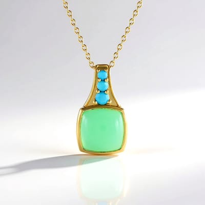 Cavill - 925 Sterling Zilver Halsketting Verguld - 3,6 ct Chrysopraas Antiek Kussen Cabochon - 0,27 ct Turkoois - Elegant