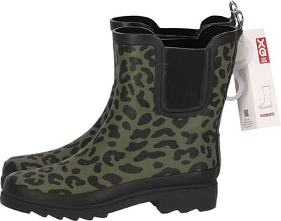 XQ Footwear - Regenlaarzen - Rubber laarzen - Dames - Festival - Panterprint - Laag model - Rubber - groen - zwart - Maat 37