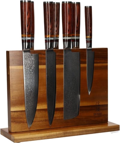 Shinrai Knives Messenset met Blok - 7 delig - Damascus Messen - Micarta Jewels - Dubbelzijdige Messenhouder - Koksmes - Met Luxe Geschenkdoos - Messenhouder - Keukenmes - Koksmes