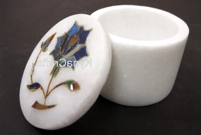 Marmeren Sieradendoos - Inlegwerk Doosje - Sieraden Opbergen - Handgemaakt met Inlegkunst - 6.5 cm - Wit