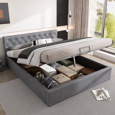 DESMIU Gestoffeerd Bed 140x200 cm – Geknoopt Hoofdbord Van Fluweel – Hydraulisch Opklapmechanisme – Verborgen Opbergruimte – Voor Slaapkamer – Grijs – Zonder Matras