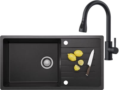 CECIPA MAX Granieten spoelbakken (86x45CM) - Spoelbak Keuken Met Keukenkraan - Wasbak Keuken Met Waterafvoersysteem en Afdruiprek - Zwart