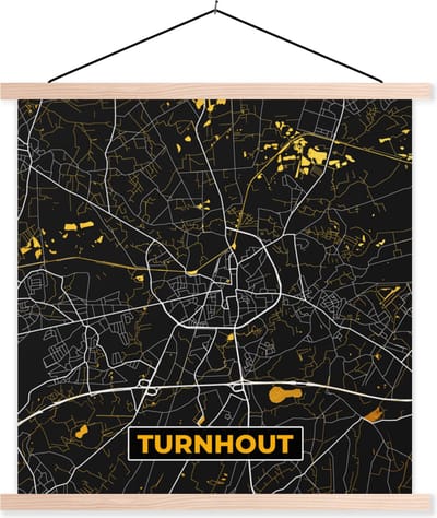 Posterhanger incl. Poster 40x40 cm - Schoolplaat - Kaart - Turnhout - Plattegrond - Gold - Stadskaart - Textielposter - Blanke latten - Stadskaart