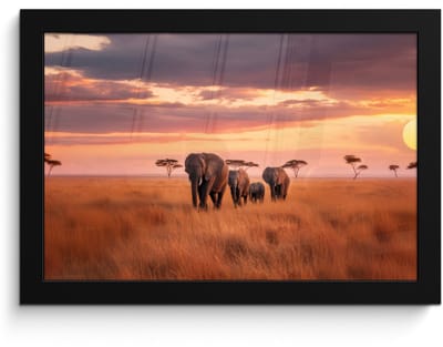 Poster in lijst - Fotolijst 30x20 cm - Posters - Groep olifanten - Open vlakte - Zon - Posterlijst zwart - Decoratie - Wanddecoratie woonkamer - Muurdecoratie slaapkamer