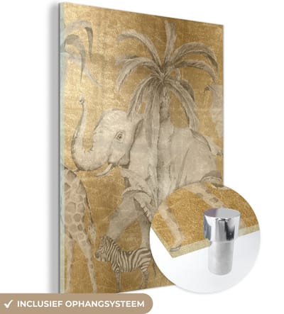 MuchoWow® Glasschilderij 120x160 cm - Schilderij acrylglas - Jungle - Kinderen - Goud - Kinderen - Dieren - Foto op glas - Schilderijen