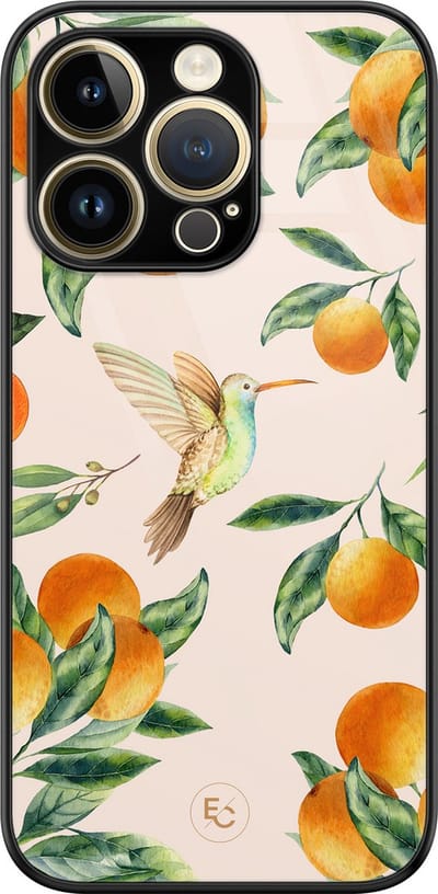 Hoesje geschikt voor iPhone 14 Pro - Tropical fruit - Luxe Hard Case - Bloemen - Oranje - ELLECHIQ