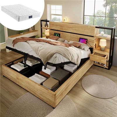 MODFU Tweepersoonsbed met Matras – 160x200 cm – Industrieel Design – USB-C & Opbergruimte – Inclusief 7-zones Matras – Eiken