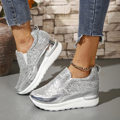 Mode Glitter Platform Sneakers Dames Casual Dikke Zool Slip On Wandelschoenen Vrouw Anti-Slip Zilveren Sportschoenen Plus Maat 40