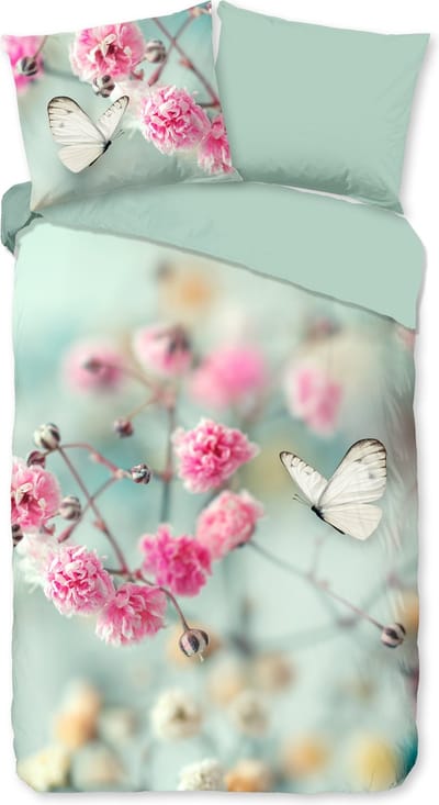 Good Morning dekbedovertrek bloemen en vlinders - 1 persoons 140x200/220 cm - Mint - 100% Katoen renforc�