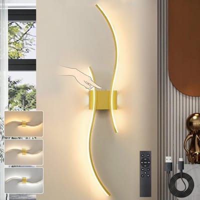 Rosnek Draadloze Wandlamp Oplaadbaar – Instelbare Kleurtemperatuur & Helderheid, Afstandsbediening met USB-C - 15-55 uur Werking – Moderne LED Muurlamp met Dubbele Zijverlichting, Timer en Touch Bediening – Goud Aluminium Design -1-pak (Model C)
