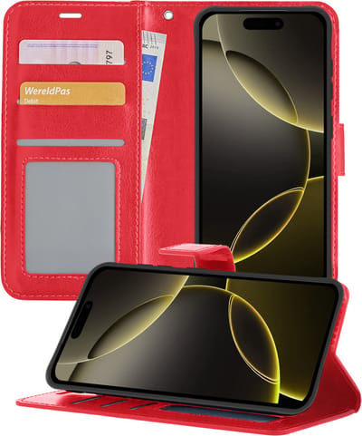 Hoesje - Met Pasjeshouder - Geschikt voor Apple iPhone 16 Pro - Luxe Bookcase Portemonee - Flip Case - Kunstleer Book Case - Flipcase - Book Cover - Walletcase - Portemonneehoes - Telefoonhoesjes - Rood