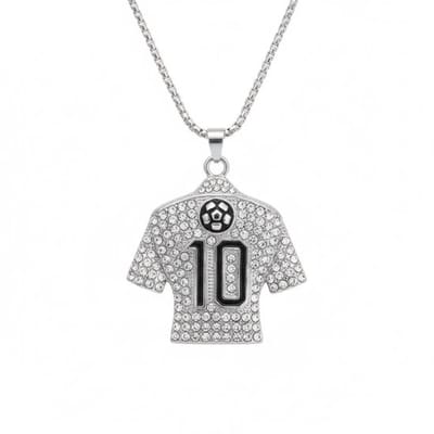 Zilverkleurige voetbalshirt hanger ketting voor heren – nummer 10 met strass en voetbalmotief aan schakelketting