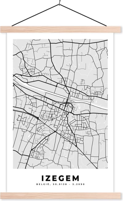Posterhanger incl. Poster 40x60 cm - Schoolplaat - Stadskaart – Zwart Wit - Kaart – Izegem – België – Plattegrond - Textielposter - Blanke latten - Stadskaart
