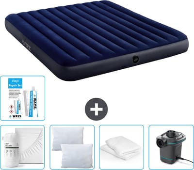 Intex Luchtbed - 2-Persoons - 183 x 203 x 25 cm - Blauw - Inclusief Hoeslaken - Kussen - Pomp - Reparatieset en Kussenbeschermer