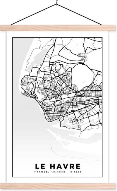 Posterhanger incl. Poster 40x60 cm - Schoolplaat - Stadskaart - Frankrijk - Le Havre - Kaart - Plattegrond - Zwart wit - Textielposter - Blanke latten - Stadskaart