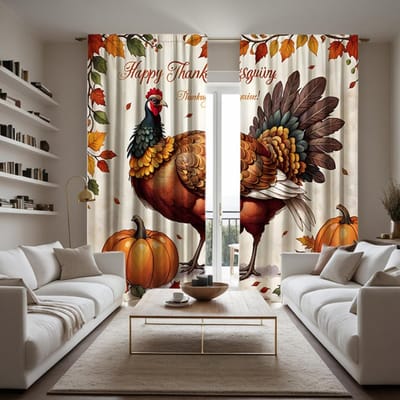 2 stuks HD Thanksgiving Haan pompoen decoratief gordijn Gele strik digitaal bedrukt gordijn Woondecoratie stijl decoratie woonkamer W52H63inchW132H160cm white