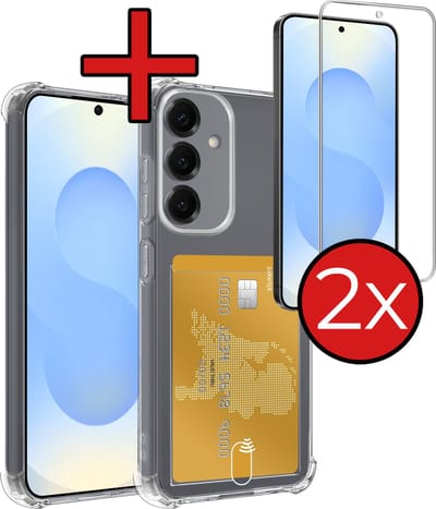 Hoesje - Geschikt voor Samsung Galaxy S25 FE - Met 2x Screenprotector - Pashouder - Kaarthouder - Back Cover - Telefoon Hoes Shockproof - Siliconen Case - Shock Proof - Pasjes Houder - Telefoonhoes - Transparant