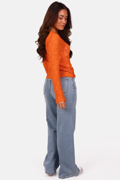 Getdrezzed Top - Maat: M - Kanten top met ronde hals en lange mouwen oranje