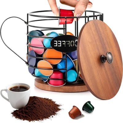 Ronde Koffiecapsule Organizer met Houten Deksel - Grote Opbergmand voor Koffiepads en Baraccessoires in Zwart IJzer voor de Keuken