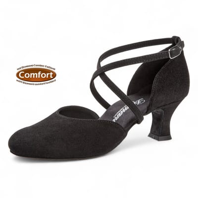 Diamant Gesloten voorkant dansschoenen 048 - 112 - 001 - Comfort Extra Brede Pasvorm - Zwart Suede - Hak 4,2cm - Extra demping - Bredere voeten - Hallux valgus - Enkelbandjes met druksluiting - Suede zool - Diamant - Zwart - 35