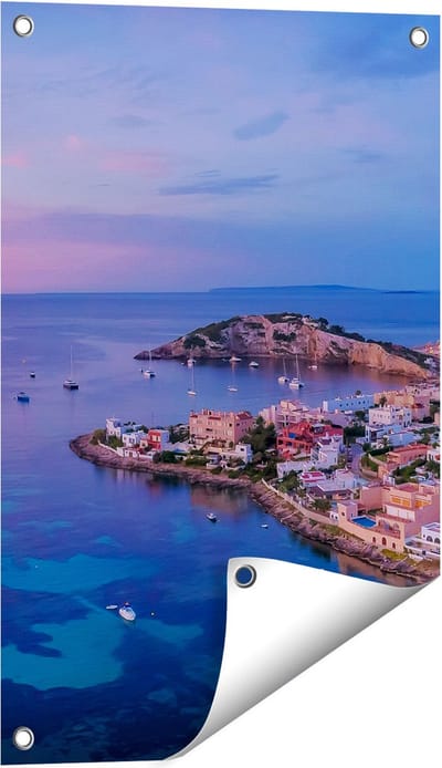 Gards Tuinposter Ibiza met Boten op het Water bij Zonsopgang - 40x60 cm - Tuindoek - Tuindecoratie - Wanddecoratie buiten - Tuinschilderij