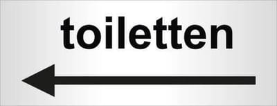 Aluminium deurbordje bedrukt met tekst toiletten met pijl naar links - 130 mm x 50 mm x 0,5 mm - Deur tekstbordje toiletten met pijl naar links - Promessa-Design.