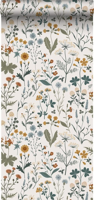 ESTAhome behang veldbloemen okergeel, vergrijsd groen en vintage blauw - 53 cm x 10.05 m - 139391