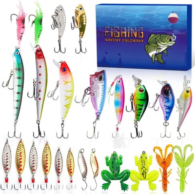 Adventskalender - 24 Dagen Kerstmis Countdown Geschenkdoos- 39.5*25.5*4.5 cm- 24 Dagen Vissen Lokt Set voor visliefhebber - kerstmis cadeau - Vissen - Kerstmis aftellen - Kunstaas set - Vissenaccessoires kit - Vis set - Kunstaas - B