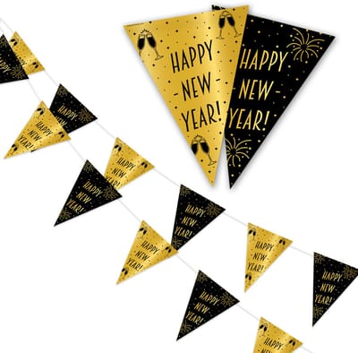 LUQ - Happy New Year - Slinger - Versiering- Nieuw Jaar - decoratie - Feest - Hangdecoratie - Goud/Zwart