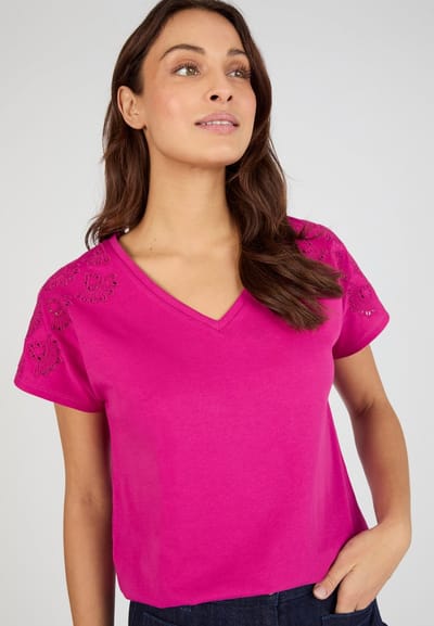 Damart - T-shirt opengewerkt borduurwerk zuiver katoen - Dames - Violet - XS