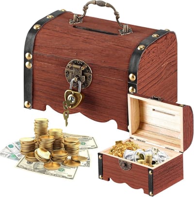 Vintage houten schatkist/spaarvarken, met slot en deksel voor opbergen en decoratie, 14,5 x 10,5 x 9,5 cm, bruin, cadeau voor jongens en meisjes| Cyslmuk®