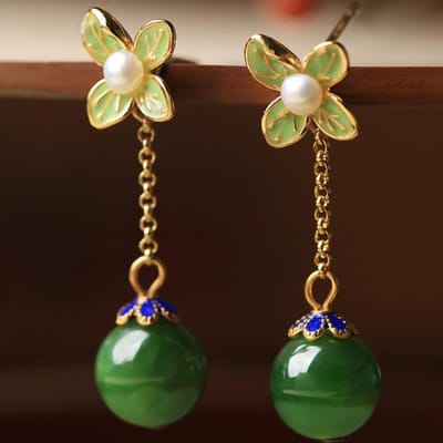 Origineel ontwerp Natuurlijke Hetian jaspis Oorbellen Chinese emaille parel verse bloemen oorbellen voor vrouwen verloving sieraden beige