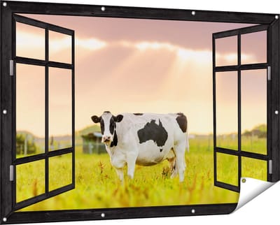 Gards Tuinposter Doorkijk Zwart Wit Koe in de Wei bij Zonsopkomst - 150x100 cm - Tuindoek - Tuindecoratie - Wanddecoratie buiten - Tuinschilderij