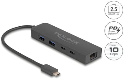 Delock 10 Gbps USB Hub with 2.5 Gigabit LAN port and PD 85 Watt