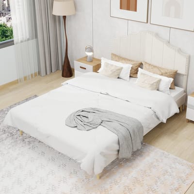 Tweepersoonsbedden - 160x200CM - Modern Minimalistisch Zacht Bed Lage Box Met Comfortabel Hoofdbord - Beige (Geen Matras)
