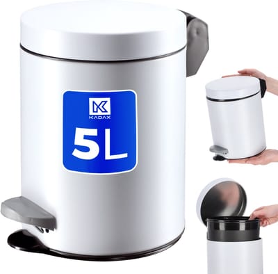 KADAX Pedaalemmer, vuilnisemmer met inhoud, stalen cosmetica-emmer, ronde afvalemmer, elegante emmer voor badkamer en keuken, pedaalemmer met schommeldeksel, 5 l, wit