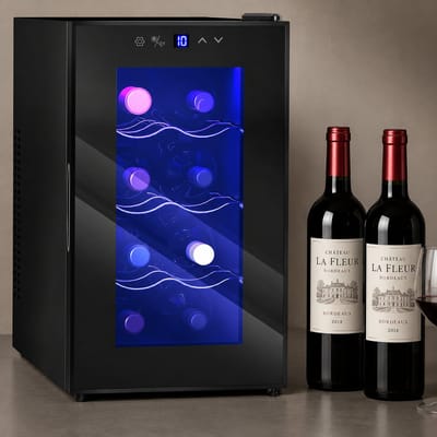 ECTEATOY® Wijnkoelkast 8 Flessen / 21L - Vrijstaande Wijnkoelkast & Drankenkoelkast - Instelbaar 8-18°C - Glazen Deur - Zwart