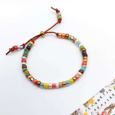 Jeannette-Creatief® - Beach - Miyuki Picasso Baroque Glossy Colormix Armband Leer Schuifknoop Small - Dames Armbandje - Stack Armbandje - Leer Armbandje - Festival Armbandje - Kleurige Armband - Handgemaakte Sieraden - Verstelbare Armband - Armband