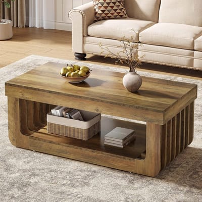 Questyr - salontafels - voor woonkamer - rechthoekige houten middentafel - met 2 niveaus en opbergplank