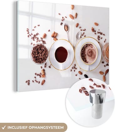 MuchoWow® Glasschilderij 120x90 cm - Schilderij acrylglas - Koffie - Koffiebonen - Chocolade - Foto op glas - Schilderijen